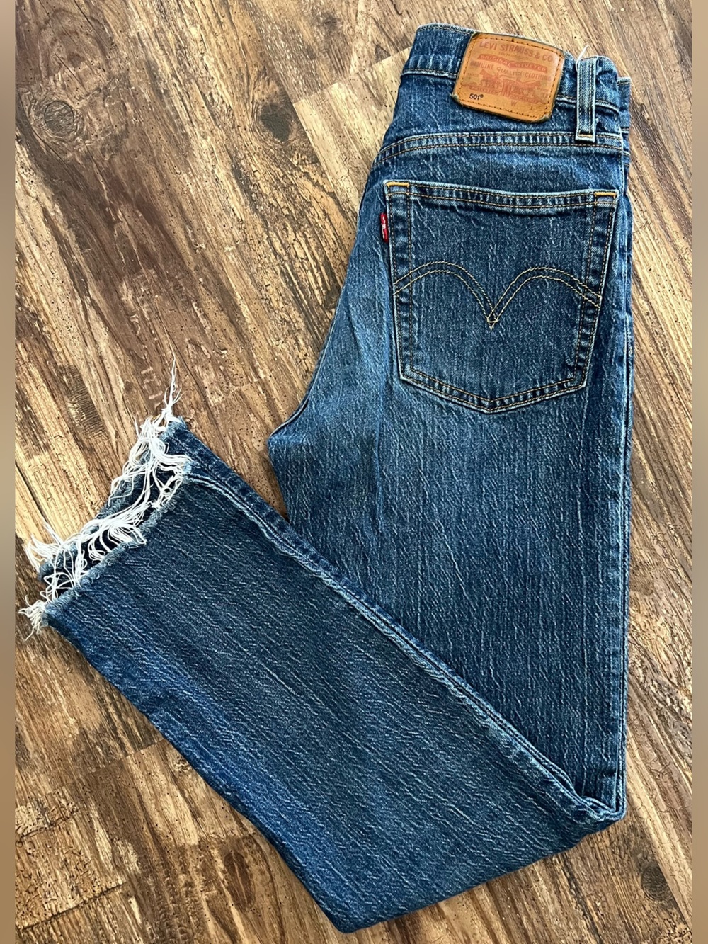 Levi's Dark Blue Straight Leg Jeans with Frayed Hem